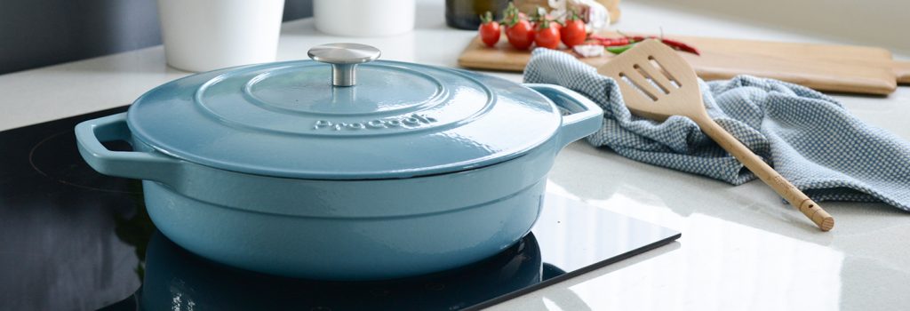 ProCook Cast Iron Shallow Casserole in Graduated Turquoise, perfect for making homemade pizza!