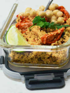 Couscous and chickpeas served in a ProCook Glass Airtight Storage Box, perfect for lunch