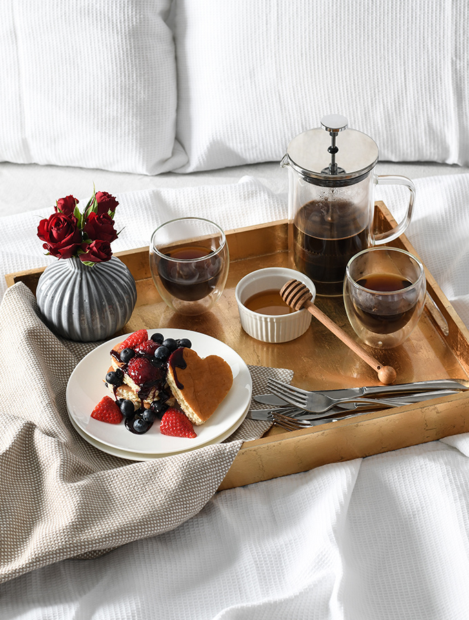 ProCook cafetiere and pancakes on a tray for Valentine's breakfast in bed