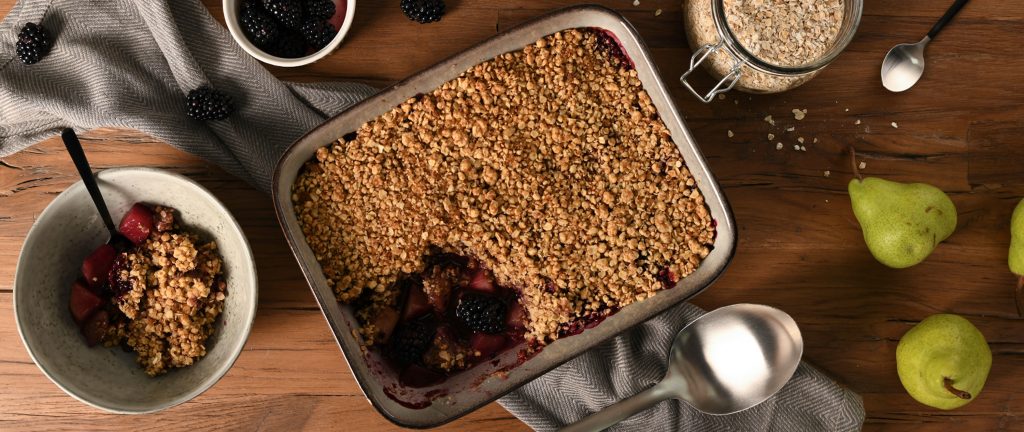 Pear and Blackberry Crumble made in a ProCook Stoneware Oven Dish for autumn
