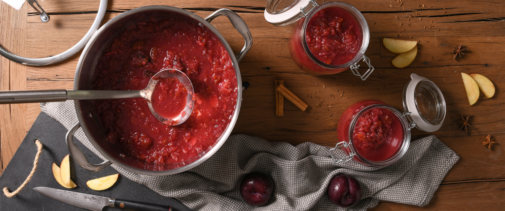 Spiced Apple and Plum Chutney made in a ProCook Professional Steel Stockpot